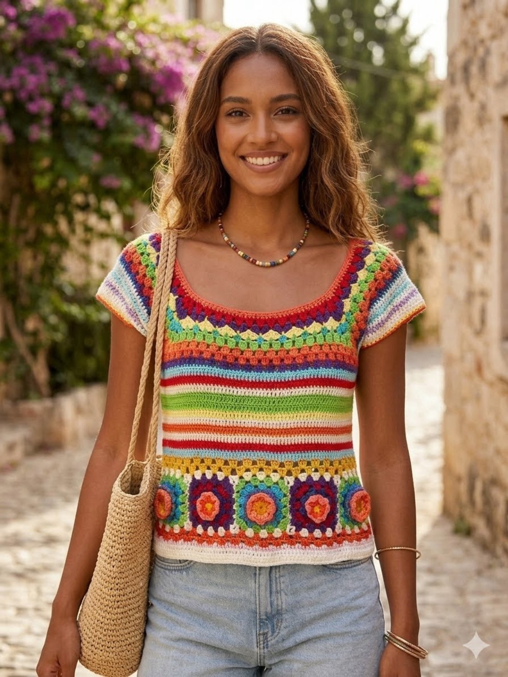 Handmade Multicolor Crochet Flower Crop Top - Women's Summer Knit
